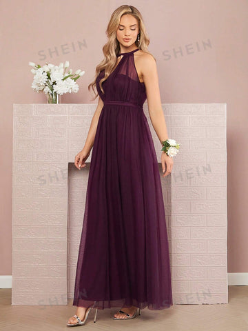 Keyhole Neckline Mesh Overlay Bridesmaid Dress