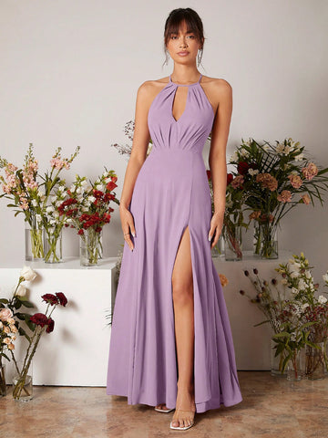 Keyhole Neckline Split Thigh Chiffon Bridesmaid Dress