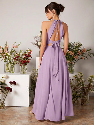 Keyhole Neckline Split Thigh Chiffon Bridesmaid Dress