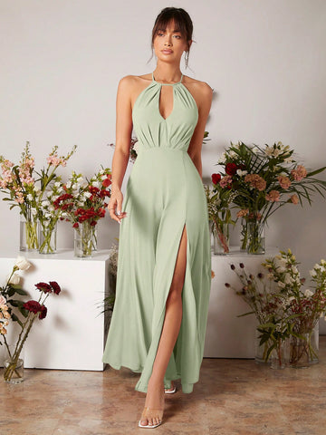 Keyhole Neckline Split Thigh Chiffon Bridesmaid Dress