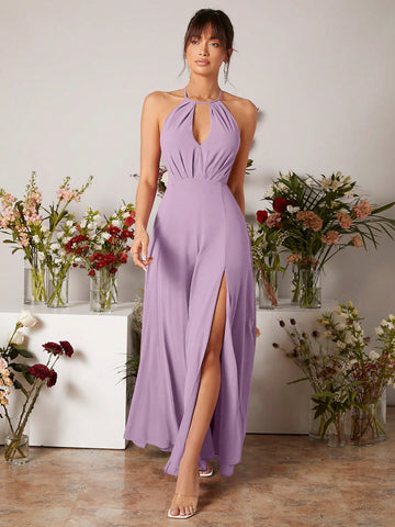 Keyhole Neckline Split Thigh Chiffon Bridesmaid Dress