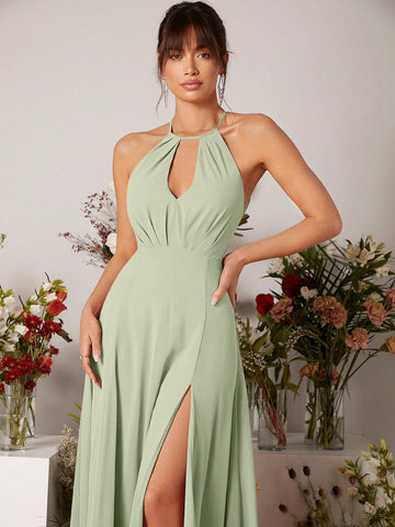 Keyhole Neckline Split Thigh Chiffon Bridesmaid Dress