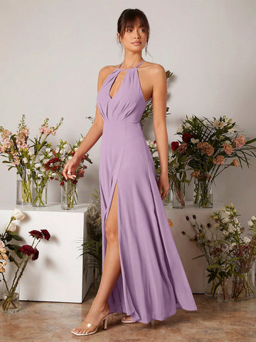 Keyhole Neckline Split Thigh Chiffon Bridesmaid Dress