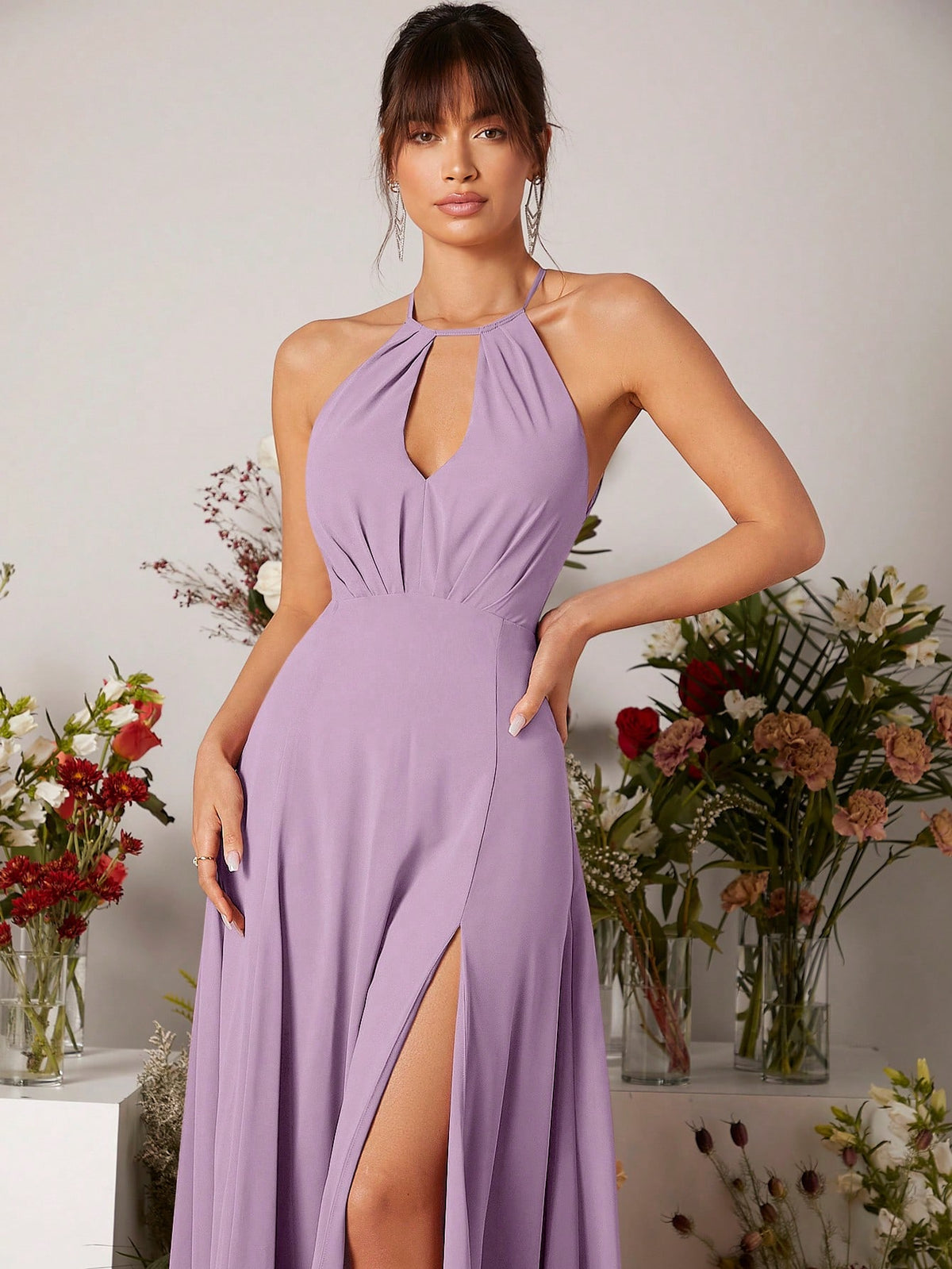 Keyhole Neckline Split Thigh Chiffon Bridesmaid Dress