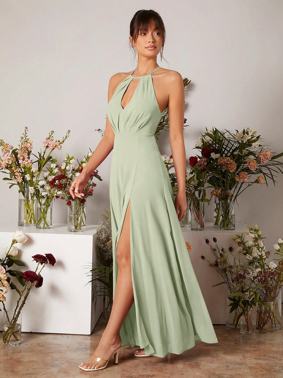 Keyhole Neckline Split Thigh Chiffon Bridesmaid Dress