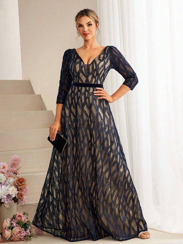 Lace Contrast V-Neck Back Zipper Pleated Maxi Dress