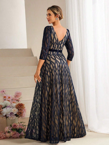 Lace Contrast V-Neck Back Zipper Pleated Maxi Dress