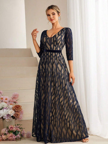 Lace Contrast V-Neck Back Zipper Pleated Maxi Dress