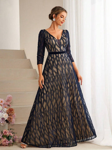 Lace Contrast V-Neck Back Zipper Pleated Maxi Dress