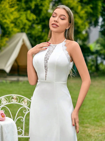 SHEIN Belle Lace Eyelash Floral Trimmed High Waist Slit Sleeveless Bridesmaid Maxi Dress