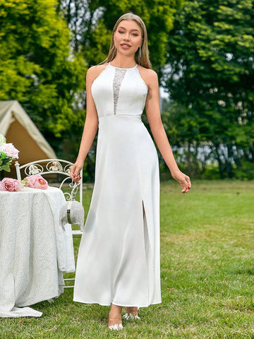 SHEIN Belle Lace Eyelash Floral Trimmed High Waist Slit Sleeveless Bridesmaid Maxi Dress