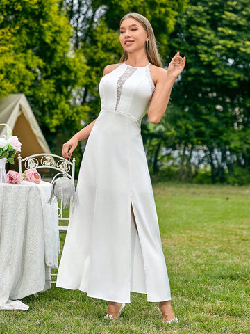 SHEIN Belle Lace Eyelash Floral Trimmed High Waist Slit Sleeveless Bridesmaid Maxi Dress