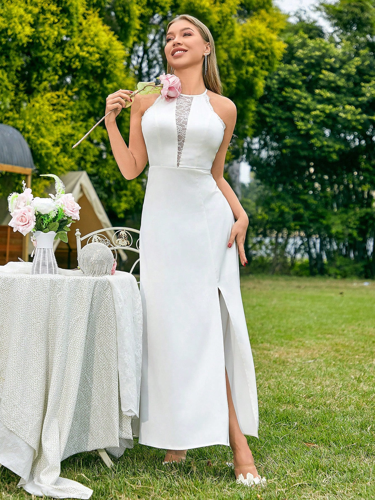 SHEIN Belle Lace Eyelash Floral Trimmed High Waist Slit Sleeveless Bridesmaid Maxi Dress