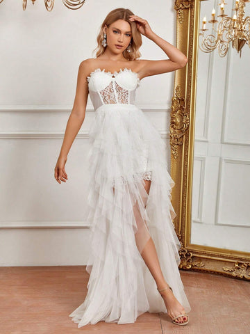 Lace Insert Mesh Hem Tube Wedding Dress