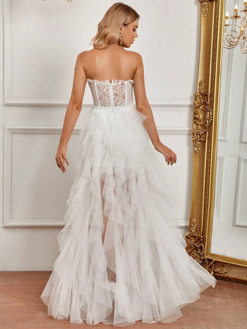 Lace Insert Mesh Hem Tube Wedding Dress