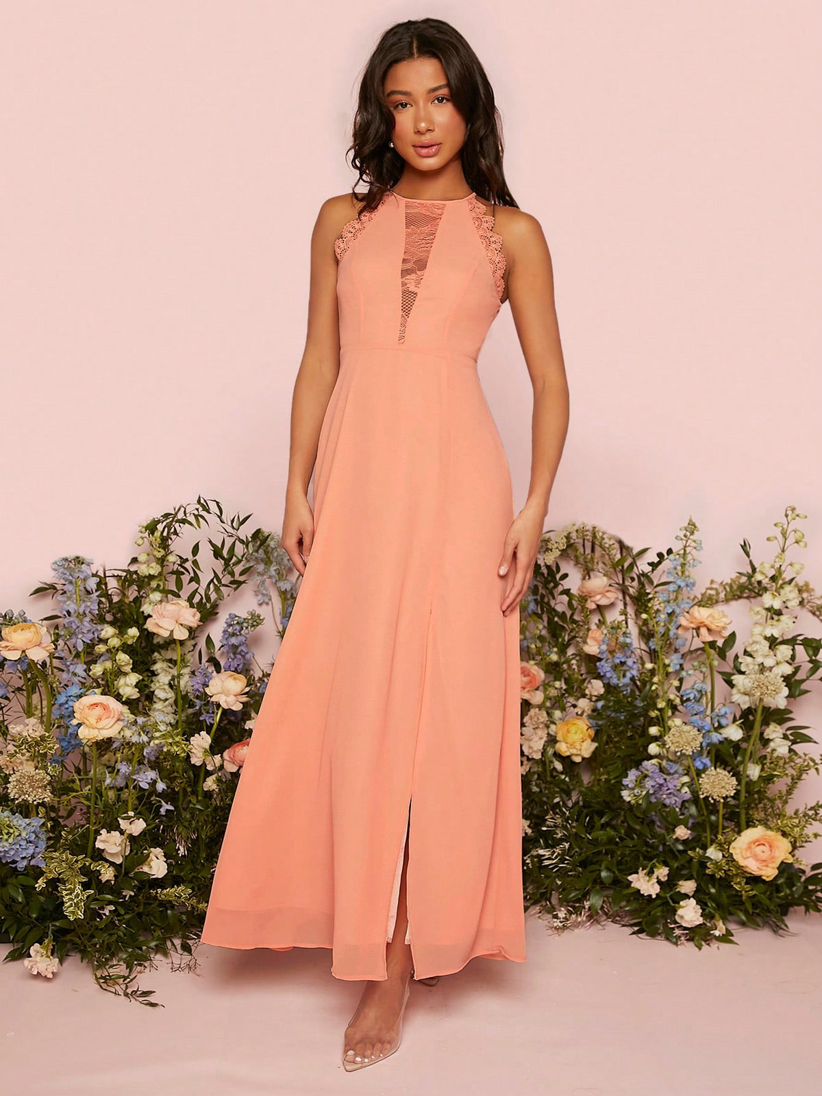 Lace Insert Split Thigh Bridesmaid Dress