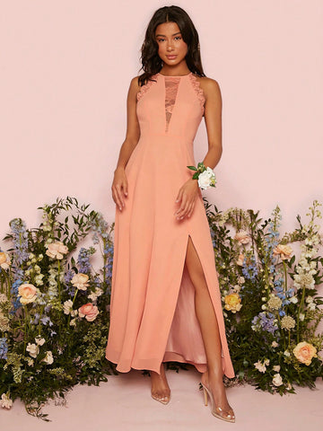 Lace Insert Split Thigh Bridesmaid Dress