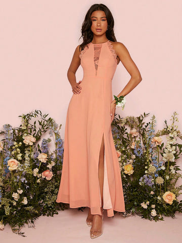 Lace Insert Split Thigh Bridesmaid Dress