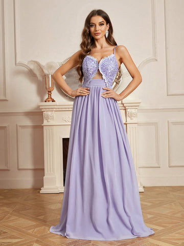 Lace Panel Hollow Out Detail Backless Bridesmaid Dress