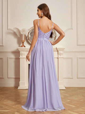 Lace Panel Hollow Out Detail Backless Bridesmaid Dress