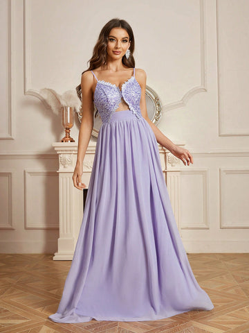 Lace Panel Hollow Out Detail Backless Bridesmaid Dress