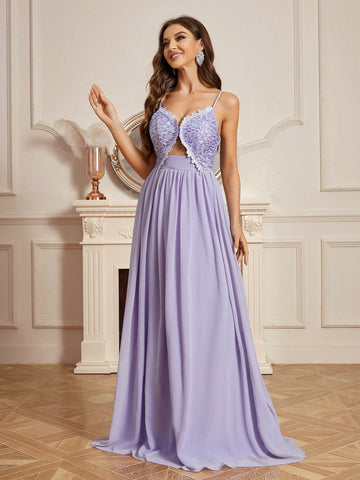 Lace Panel Hollow Out Detail Backless Bridesmaid Dress