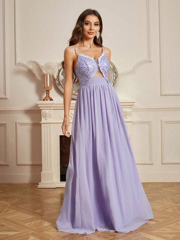 Lace Panel Hollow Out Detail Backless Bridesmaid Dress