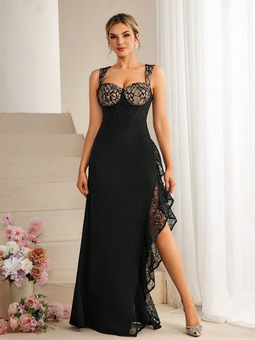 Lace Patchwork Knit Slit Hem Ruffle Trim Dress