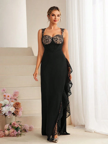 Lace Patchwork Knit Slit Hem Ruffle Trim Dress