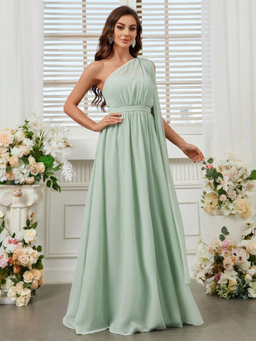 Ladies Bridesmaid Dress Single Rotator Cuff Flaps Shrink Detail Design Fluttering Big Skirt Green Comfortable Skin Chiffon Fabric