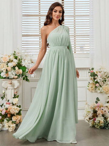 Ladies Bridesmaid Dress Single Rotator Cuff Flaps Shrink Detail Design Fluttering Big Skirt Green Comfortable Skin Chiffon Fabric