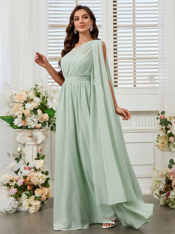 Ladies Bridesmaid Dress Single Rotator Cuff Flaps Shrink Detail Design Fluttering Big Skirt Green Comfortable Skin Chiffon Fabric