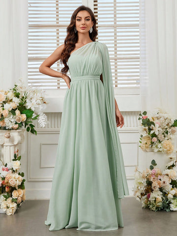Ladies Bridesmaid Dress Single Rotator Cuff Flaps Shrink Detail Design Fluttering Big Skirt Green Comfortable Skin Chiffon Fabric