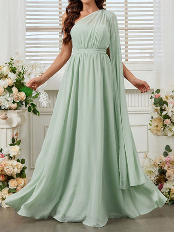 Ladies Bridesmaid Dress Single Rotator Cuff Flaps Shrink Detail Design Fluttering Big Skirt Green Comfortable Skin Chiffon Fabric