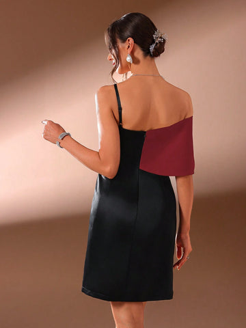 Ladies Contrast Bow Decor Asymmetric Neck Elegant Cocktail Party Dress