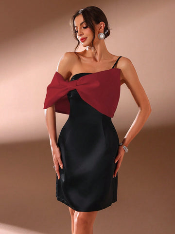 Ladies Contrast Bow Decor Asymmetric Neck Elegant Cocktail Party Dress
