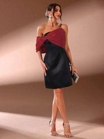 Ladies Contrast Bow Decor Asymmetric Neck Elegant Cocktail Party Dress