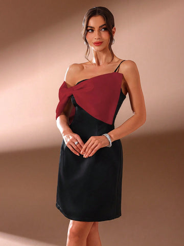 Ladies Contrast Bow Decor Asymmetric Neck Elegant Cocktail Party Dress