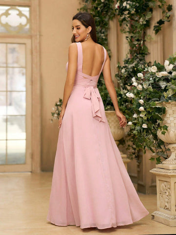 Ladies' Elegant And Conservative Bridesmaid Dress In Lotus Pink, Featuring Ruched Chiffon Fabric, V-Neckline, Ruched A-Line Skirt, Open Back Design With U-Shaped Crossed Straps And Bowtie For Wedding And Formal Occasions