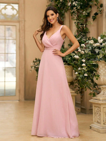 Ladies' Elegant And Conservative Bridesmaid Dress In Lotus Pink, Featuring Ruched Chiffon Fabric, V-Neckline, Ruched A-Line Skirt, Open Back Design With U-Shaped Crossed Straps And Bowtie For Wedding And Formal Occasions
