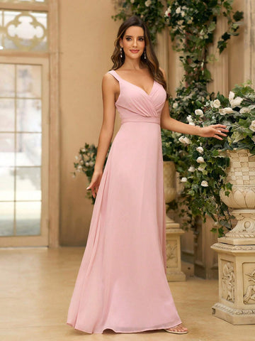 Ladies' Elegant And Conservative Bridesmaid Dress In Lotus Pink, Featuring Ruched Chiffon Fabric, V-Neckline, Ruched A-Line Skirt, Open Back Design With U-Shaped Crossed Straps And Bowtie For Wedding And Formal Occasions