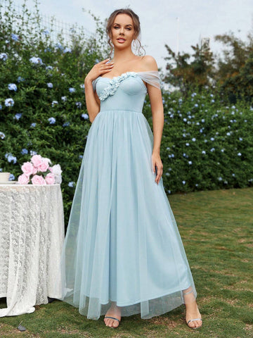 Ladies Elegant And Romantic Blue Mesh Fabric Off-Shoulder Puffy A-Line Dress With Delicate And Petite 3D Flower Decoration On The Front Chest, Bridesmaid Dress