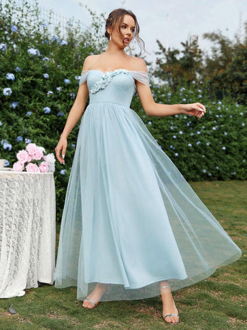 Ladies Elegant And Romantic Blue Mesh Fabric Off-Shoulder Puffy A-Line Dress With Delicate And Petite 3D Flower Decoration On The Front Chest, Bridesmaid Dress