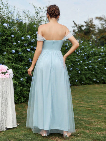 Ladies Elegant And Romantic Blue Mesh Fabric Off-Shoulder Puffy A-Line Dress With Delicate And Petite 3D Flower Decoration On The Front Chest, Bridesmaid Dress