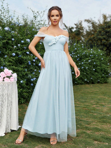Ladies Elegant And Romantic Blue Mesh Fabric Off-Shoulder Puffy A-Line Dress With Delicate And Petite 3D Flower Decoration On The Front Chest, Bridesmaid Dress