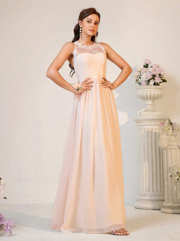 Ladies' Elegant And Romantic Light Apricot-Colored Lace Material With Soft And Skin-Friendly Chiffon Fabric, Heart Bust Shape A-Line Backless With Butterfly-Shaped Waterdrop Design Bridesmaid Dress