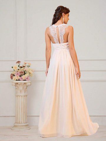 Ladies' Elegant And Romantic Light Apricot-Colored Lace Material With Soft And Skin-Friendly Chiffon Fabric, Heart Bust Shape A-Line Backless With Butterfly-Shaped Waterdrop Design Bridesmaid Dress
