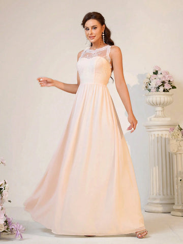 Ladies' Elegant And Romantic Light Apricot-Colored Lace Material With Soft And Skin-Friendly Chiffon Fabric, Heart Bust Shape A-Line Backless With Butterfly-Shaped Waterdrop Design Bridesmaid Dress