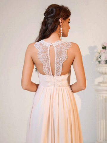 Ladies' Elegant And Romantic Light Apricot-Colored Lace Material With Soft And Skin-Friendly Chiffon Fabric, Heart Bust Shape A-Line Backless With Butterfly-Shaped Waterdrop Design Bridesmaid Dress