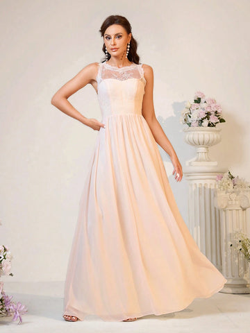 Ladies' Elegant And Romantic Light Apricot-Colored Lace Material With Soft And Skin-Friendly Chiffon Fabric, Heart Bust Shape A-Line Backless With Butterfly-Shaped Waterdrop Design Bridesmaid Dress